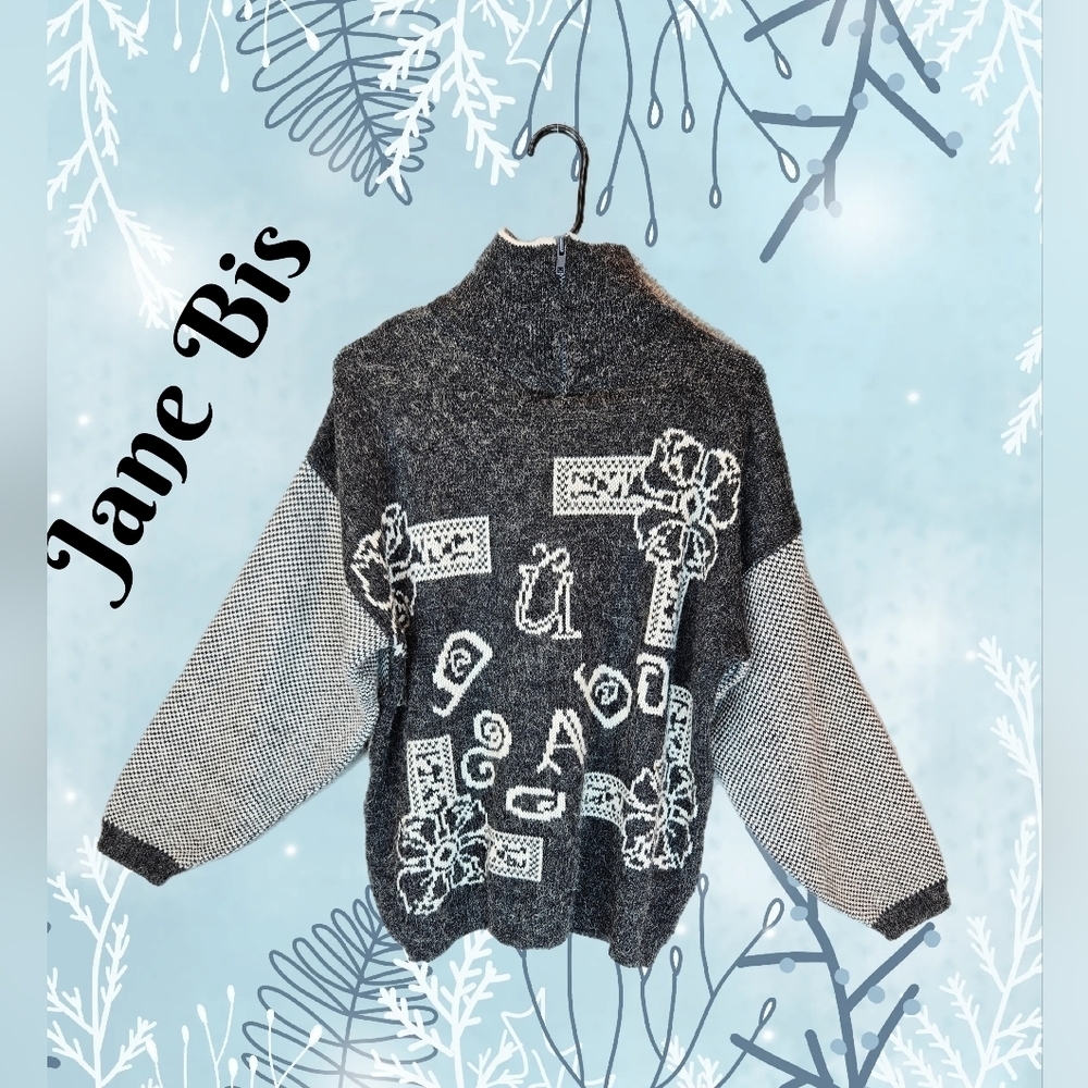 Jane Bis Winter Sweater Sz L Oversized Gray Zip Collar Drop Shoulder Women's